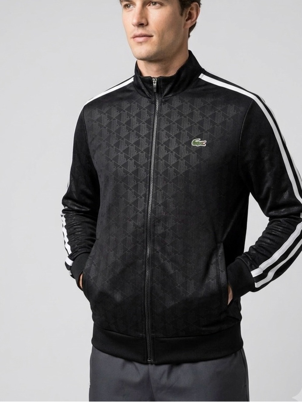 Lacoste Black Track Jacket with White Stripe Accents